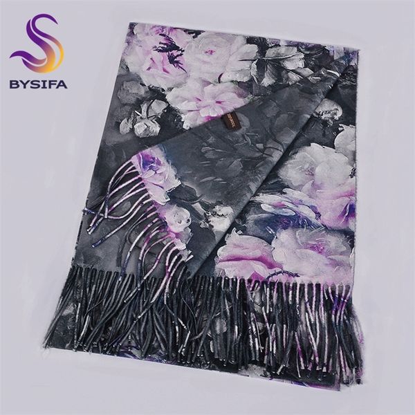 

bysifa] winter grey pink wool scarves shawls women peony style long cashmere pashmina scarves wraps brand luxury neck scarf 201218, Blue;gray