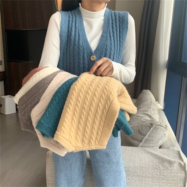

loose v-neck twist knitted women sleeveless solid color single-breasted simple style sweater vest female spring y201128, Black;white