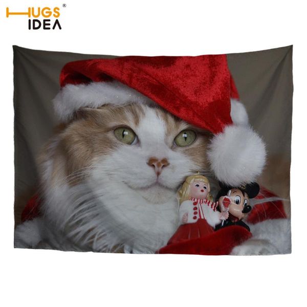 

hugsidea happy christmas cat dog wall tapestry home pad happy new year design christmas party decorations bedspread mats blanket
