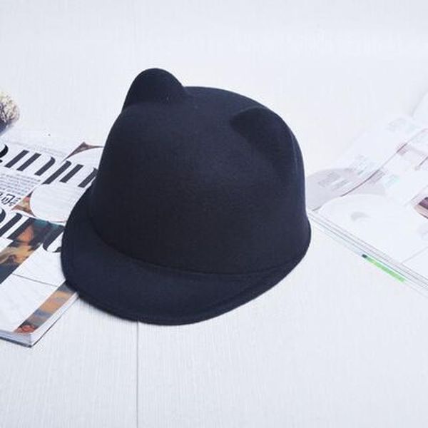 

2017 новая мода высокое качество шерстяные женские федора шляпа осень зима сплошной цвет кошка ухо боевые крышки в наличии бесплатная достав, Black;white