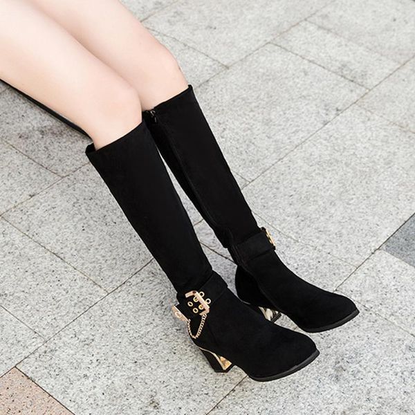 

boots women's 2021 autumn thin thick heel stretch elegant zipper high but knee, Black