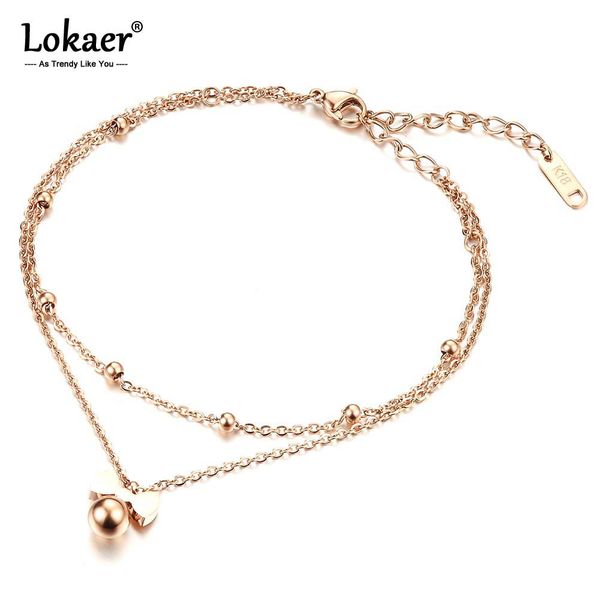 

lokaer new delicate bowknot anklets classic rose gold color stainless steel double layer women ankle jewelry bracelets a19035 t200901, Red;blue