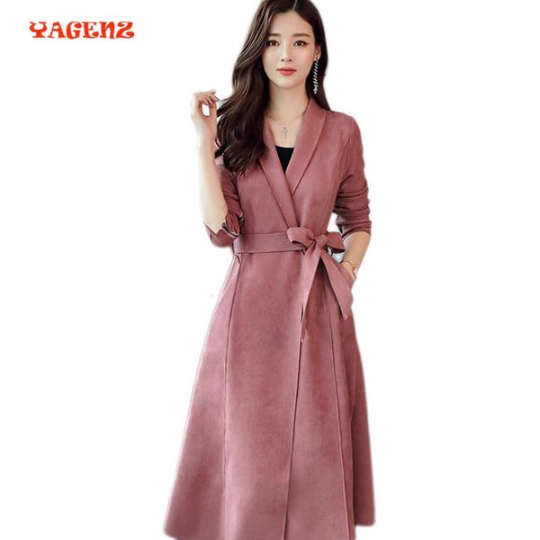 

women's trench coats elegant long coat for women suede abrigos mujer windbreaker lace up cardigan overcoat, Tan;black