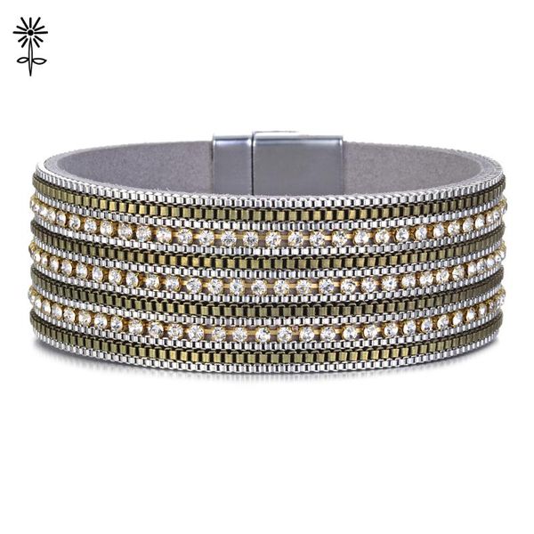 

10pcs/lot jewelry crystal round multilayer leather bracelets bangles alloy chain with magnetic clasp plusera jewelry b-020*10, Black