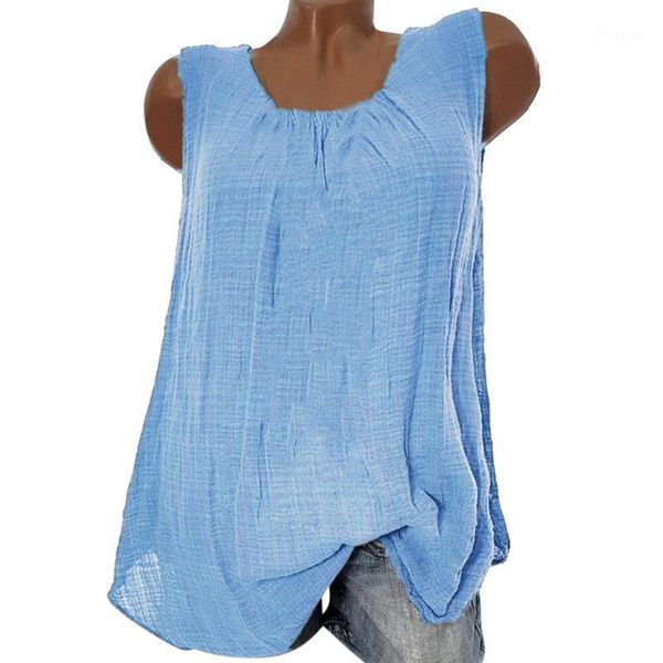 

plus size summer sleeveless shirts womens blouses and solid baggy loose casual clothes cotton linen o neck tunic blusas1, White