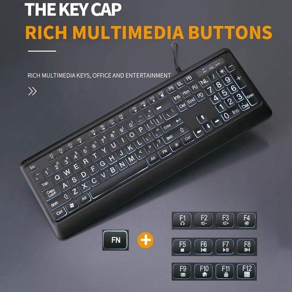 

deluxe backlit keyboard,large print wired usb keyboard with high contrast keys and white illuminated led suit