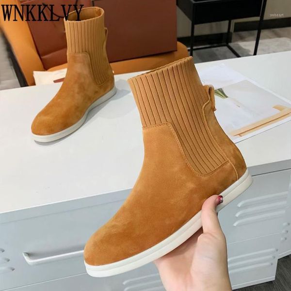 

boots flat thick sole stretch knitting sock women suede elastic slim slip on ankle botas runway warm wool winter shoes 20211, Black