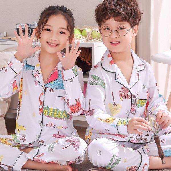 

spring girls pajamas suit cartoon cardigan children clothing set cotton baby pijamas kids pyjamas sets autum child cothing y200328, Blue;red