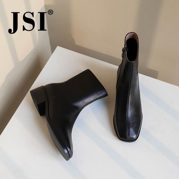 

jsi new casual genuine leather med heel women ankle boots fashion square toe handmade shoes basic square heel ladies boots jo257, Black