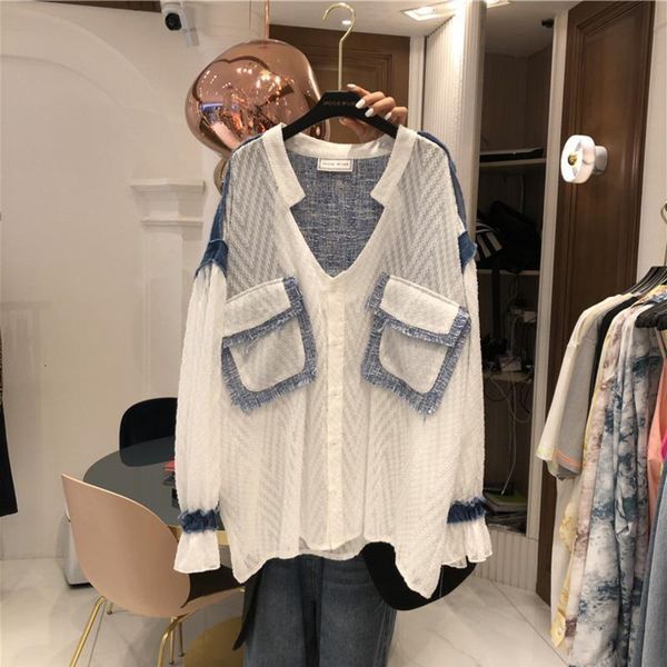 

ewq] 2021 new spring summer women clothes v neck regular full sleeves wool dobby contrast colots pocket shirt dress female wg75500, White