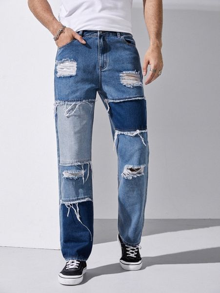 

men colorblock ripped straight leg jeans 13r6#, Blue