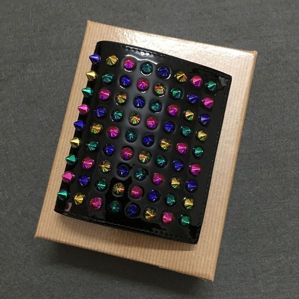 

women men wallets panelled spiked clutch bags patent real leather rivets bag clutches purses spikes short wallet 25 color, Red;black