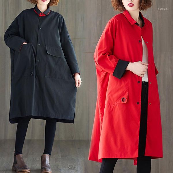 

spring autumn loose coat long size women's slim lapel windbreaker lazy wind large pocket solid color single-breasted coat l6481, Tan;black