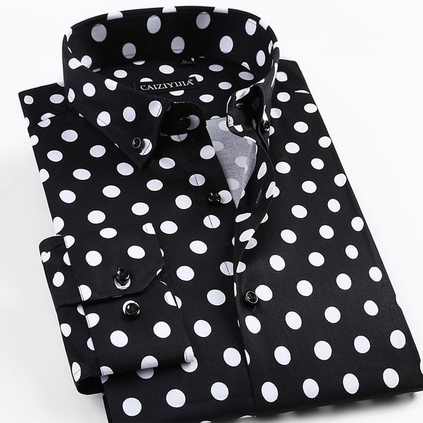 

2019 spring new men polka dot printing long sleeve shirt fashion male dress shirts casual formal cotton shirt, White;black