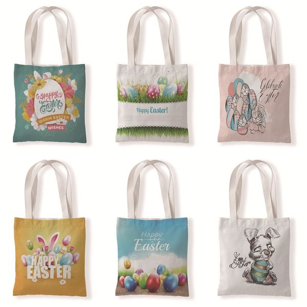 Canvas-Tasche „Frohe Ostern“, waschbar, wiederverwendbar, leicht zu tragen, Einkaufstüten aus Segeltuch, Osterhase, Ei, bedruckte Geschenke, Aufbewahrungstasche