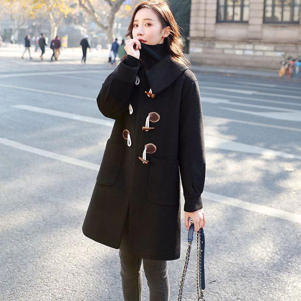 

women's wool & blends mid-length woolen coat autumn and winter horns buttoned casual fashion loose, Black