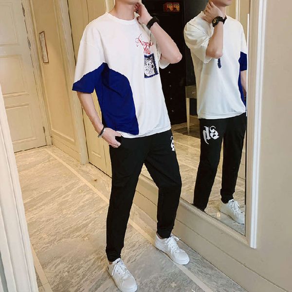 

fashion brand summer short sleeve t-shirt suit 2020 new trend handsome casual men's wear a set of matching clothes, Gray