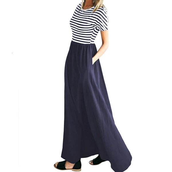 

summer striped dress robe mujer short sleeve o-neck long maxi dress plus size beach loose casual women dresses pockets xxl gv577, Black;gray