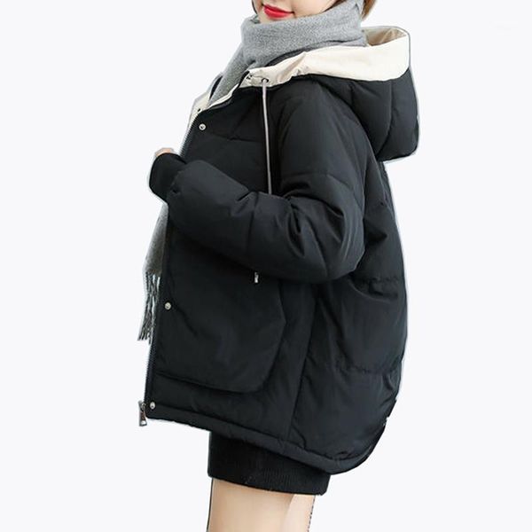 

2020 new autumn winter jacket hooded women coat loose cotton-padded short jackets female parka warm casual plus size overcoat1, Black