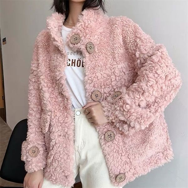 

faux sheep female shearing keep warm with thick compound fur lambs wool collar pink shearling coat 201211, Black