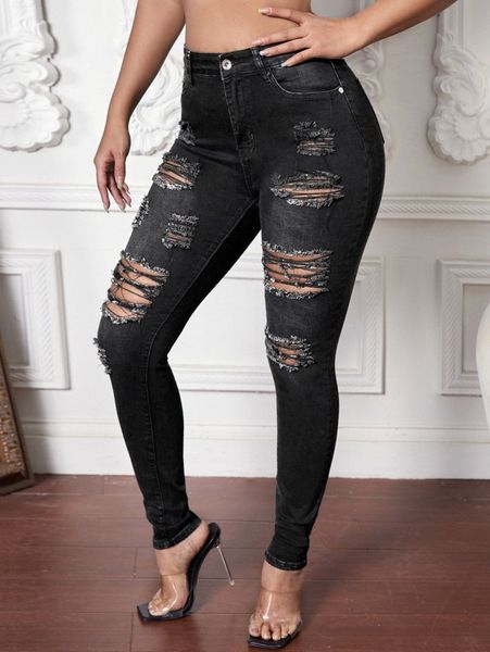 

high waist ripped jeans 094a#, Blue