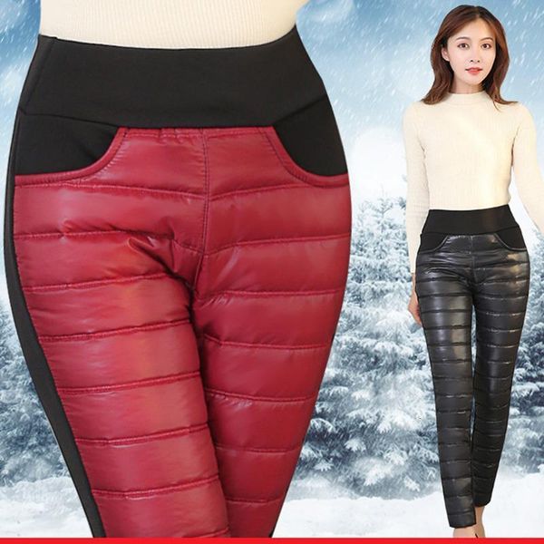 

#1923 winter 80% duck down pants women warm thickening elastic high waisted warm plus size trousers middle aged red/purple/black, Black;white