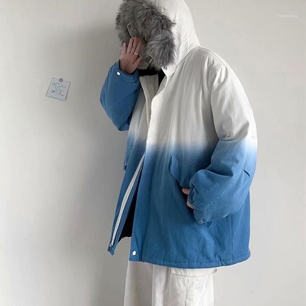 

streetwear men tie dye fur hooded jacket coat 2020 thick mens hip hop parka oversized male vintage winter puffer jacket plus1, Black
