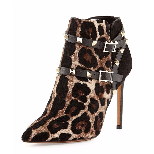 

estampas animais couro rebanho ankle boots primavera outono saltos finos ponited toe sapatos de alta qualidade botas curtas e0no, Black