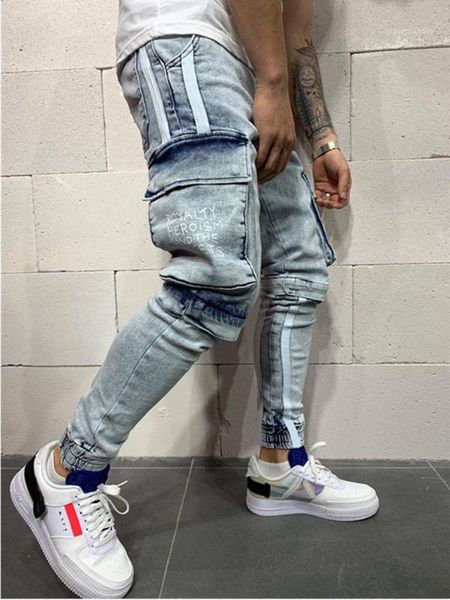 

mens striped safari style brand black jeans skinny ripped destroyed stretch slim multi-pocket pants with holes men jeans1, Blue