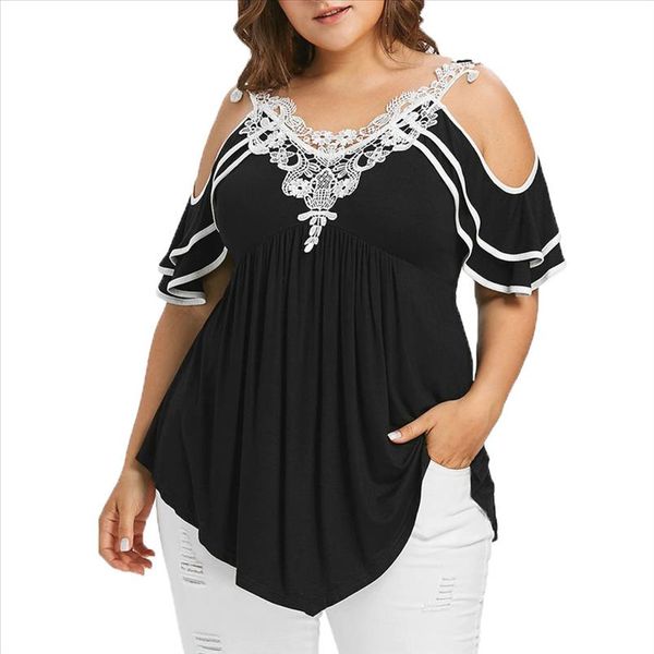 

2019 women blouse fashion womens plus size tiered lace appliques cold shoulder v neck shirt camisa feminina, White