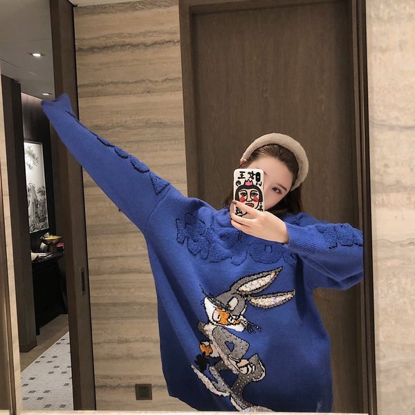 

1119 2020 autumn brand same style long sleeve blue orange pink crew neck kint sweater women clothes qixuann, White;black