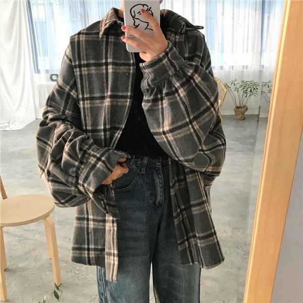 

women autumn woolen plaid coat turn down collar long sleeve cardigan outwear plus size loose jacket single breasted, White
