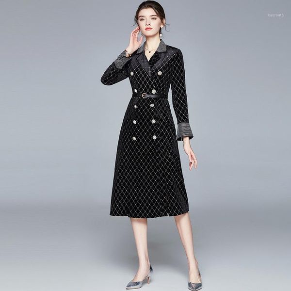 

quality winter of 2021 women's new suit collar double-breasted dress aristocratic temperament drilling velvet trench coat1, Tan;black