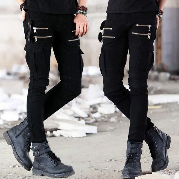 

men biker long denim trousers skinny jeans pants folds stretchy-black pants multi-pockets trousers, Blue