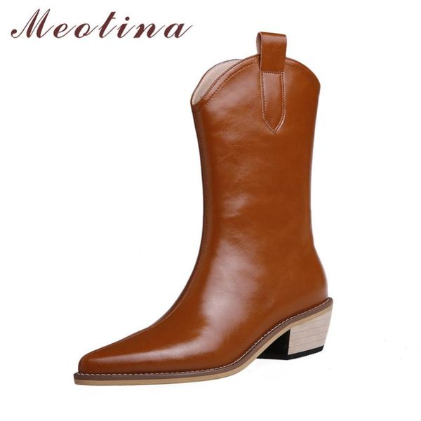 

boots meotina real leather western women med heel shoes pointed toe mid calf zip thick ladies winter beige 40, Black