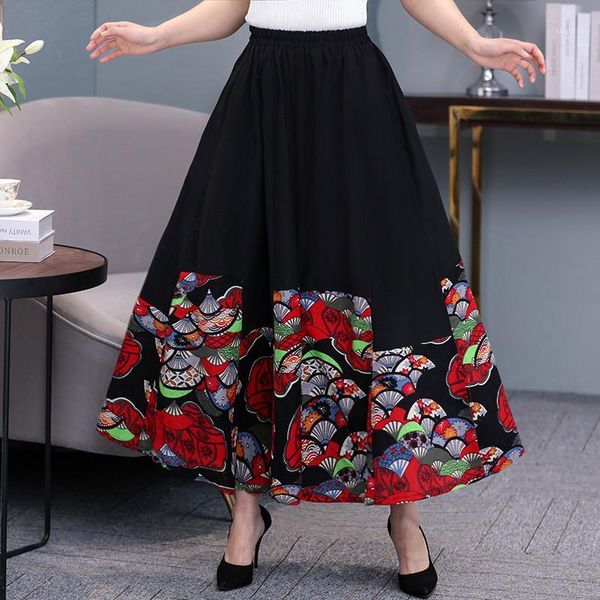 

skirts vintage high waist printed pleated skirt women red black midi ethnic female spring summer big swing long clothes1