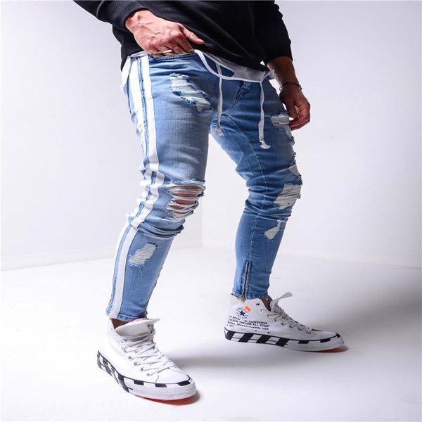 

ripped jeans men skinny biker side striped jeans destroyed hole hip hop slim fit man scratched elastic s-4xl, Blue