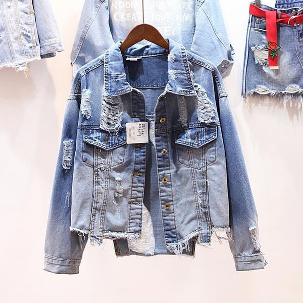 

women jean jacket light blue bomber denim jakcets casual ripped jeans coat long sleeve hole loose spring autumn coat j3261, Black;brown