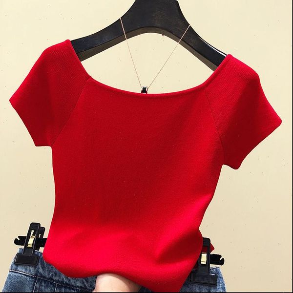 

summer basic woman tshirts black korean women off shoulder t shirt knitted short sleeve female clothes fashion white red