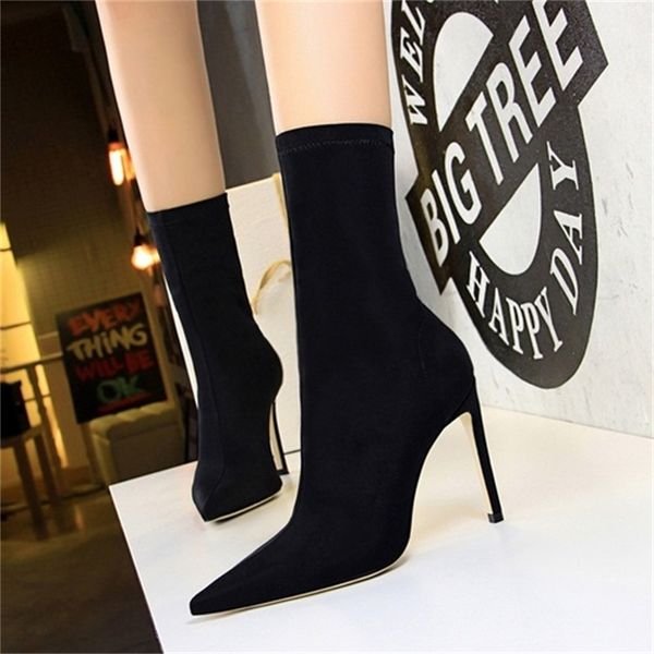 

2021 new simple europeans and americans of women's thin-heeled boots super high-heeled disco thin elastic lycra 5win, Black
