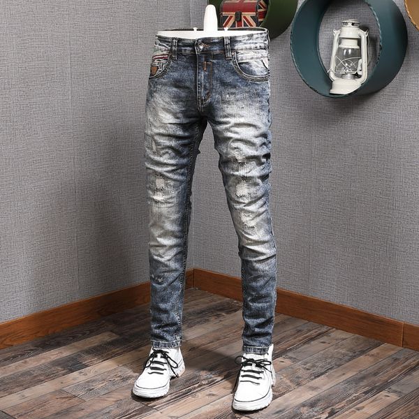 

2021 new newly designer fashion men jeans retro vintage ripped cotton denim trousers streetwear hip hop elastic slim pants vbmi, Blue