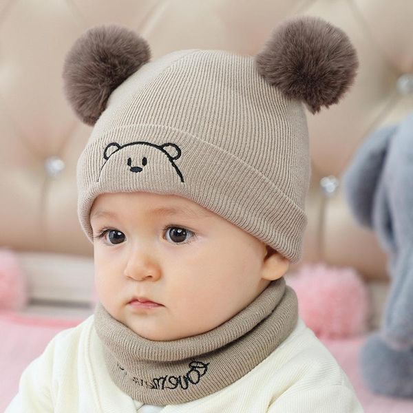 

2020 new baby hat winter windproof woolen warm children knitted embroidery cap suit, Blue;gray