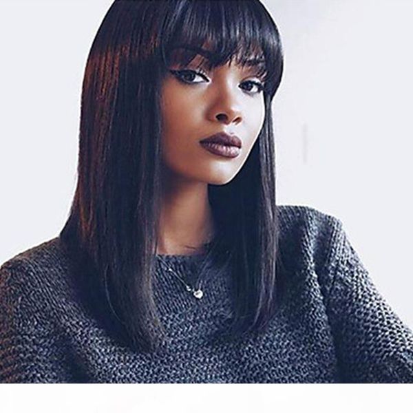 

natural soft 1b# black long silky straight synthetic wigs with bangs heat resistant synthetic lace front wigs for black women