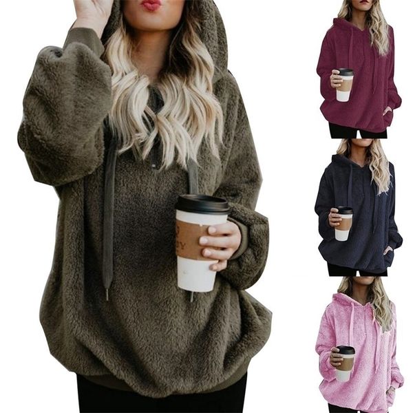 

plus size winter solid color women's long sleeve hooded pullover zipper casual loose slim thin pocket hoddies tunic jacket 201029, Black