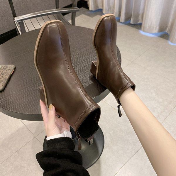 

rock shoes woman luxury designer autumn boots low heels booties round toe booties ladies fashion mid calf med rubber, Black