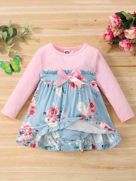 

baby floral print frill trim bow front combo bodysuit dress she, Red;yellow