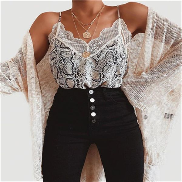 

fashion women summer lace leopard snake print tank elegant sleeveless v neck vest ladies sling strappy t shirt, White