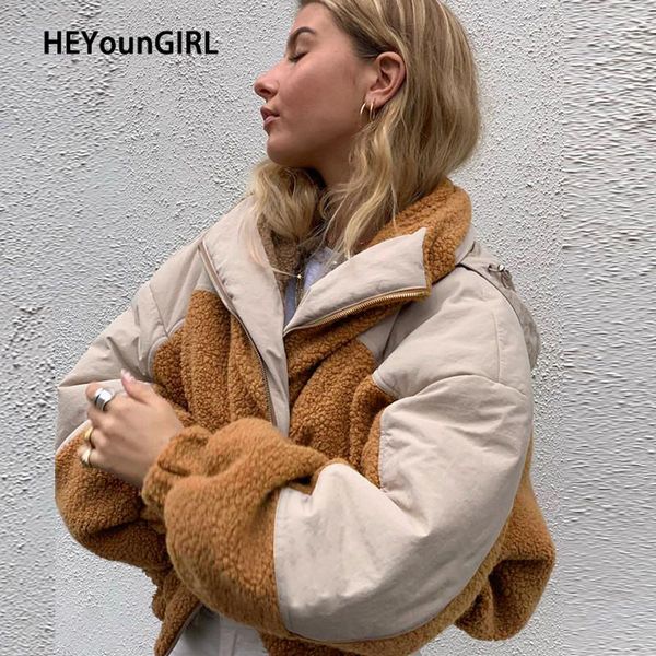 

heyoungirl patchwork lamb fuax fur puffer parka women casual fashion hooded jacket female autumn warm teddy bear coat winter, Black