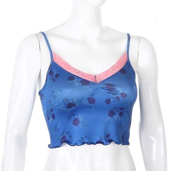 

ladies camisole spaghetti strap rose printing crop y2k fashion lace lettuce trim vest chic tank summer party, White