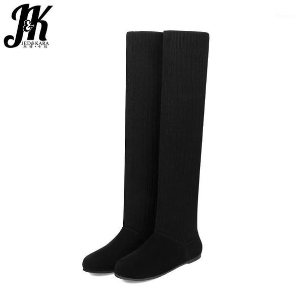 

jk over the knee women boots flock round toe footwear stretch female boot insole knitted shoes women winter 2020 plus size 441, Black
